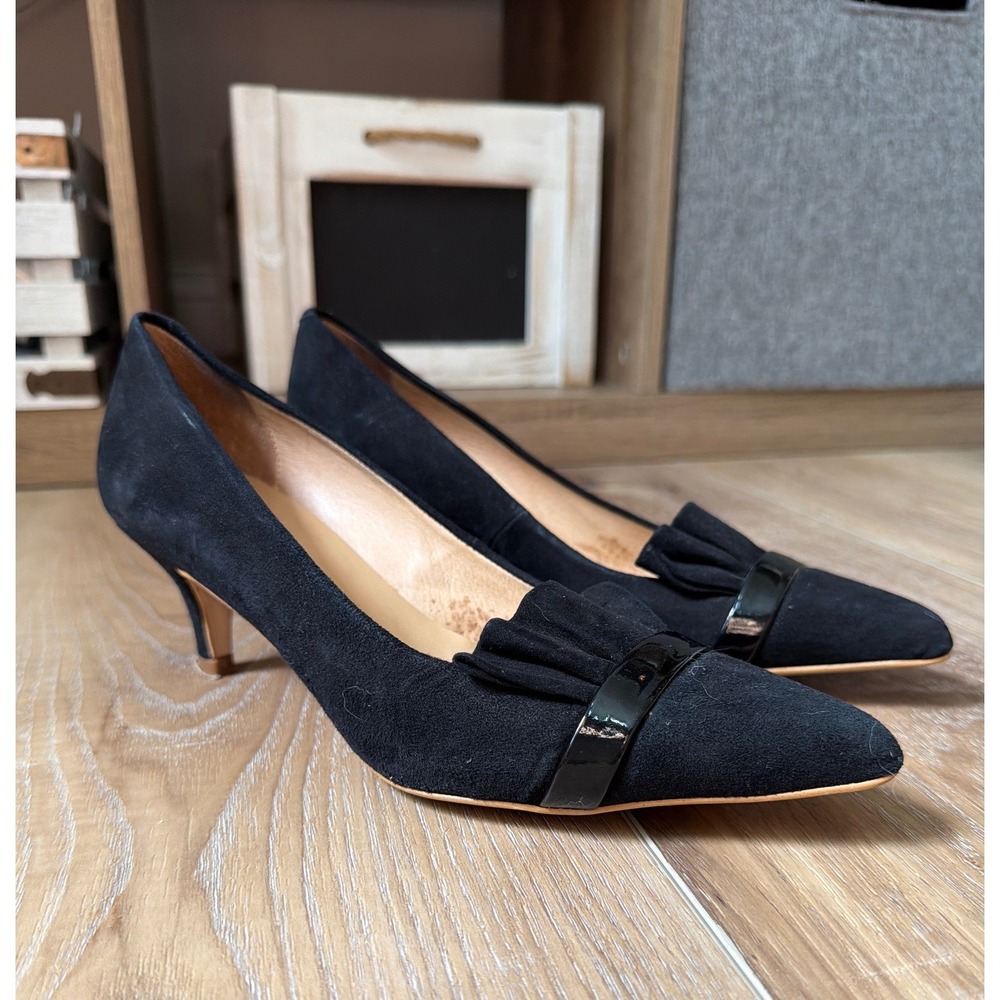 Anthropologie Ruffle Pointed Toe Leather Kitten Heel Pumps 36 Black Office Chic